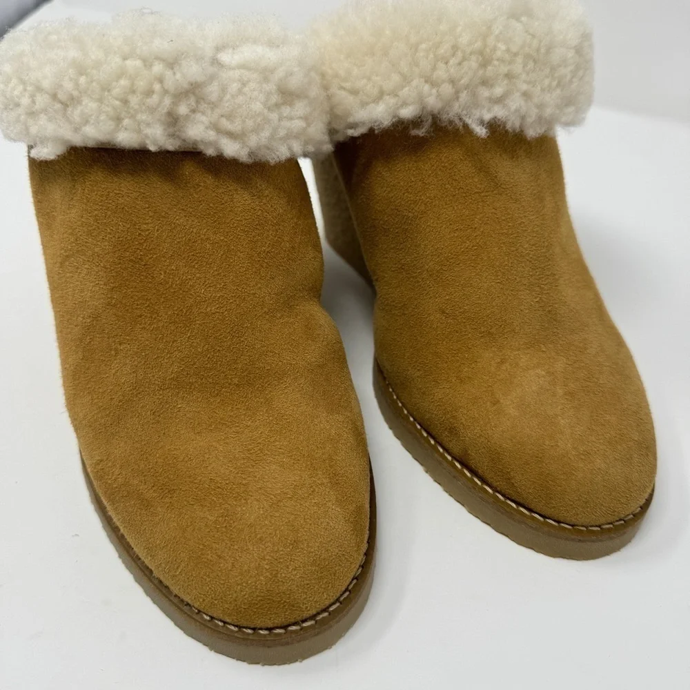 Isabel Marant's Tan Suede Leather Sherling 'Takita' Slip On Mule Wedges